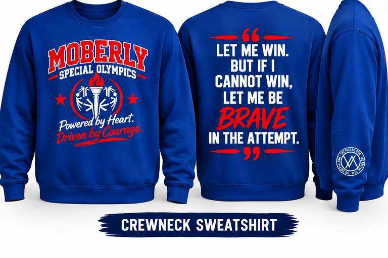 Moberly Special Olympics crewneck apparel with authentic Prevail Gym sleeve logo