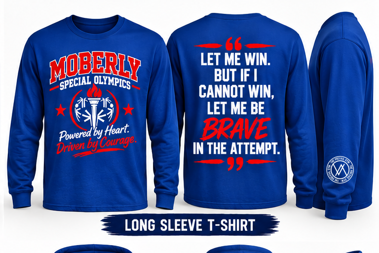 Moberly Special Olympics long-sleeve apparel with authentic Prevail Gym sleeve logo