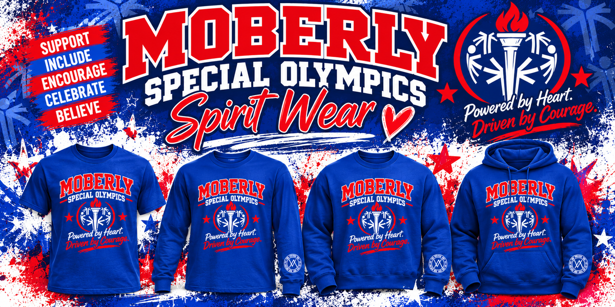 Moberly Special Olympics spirit wear banner with blue T-shirt, long sleeve, crewneck, and hoodie; no pricing